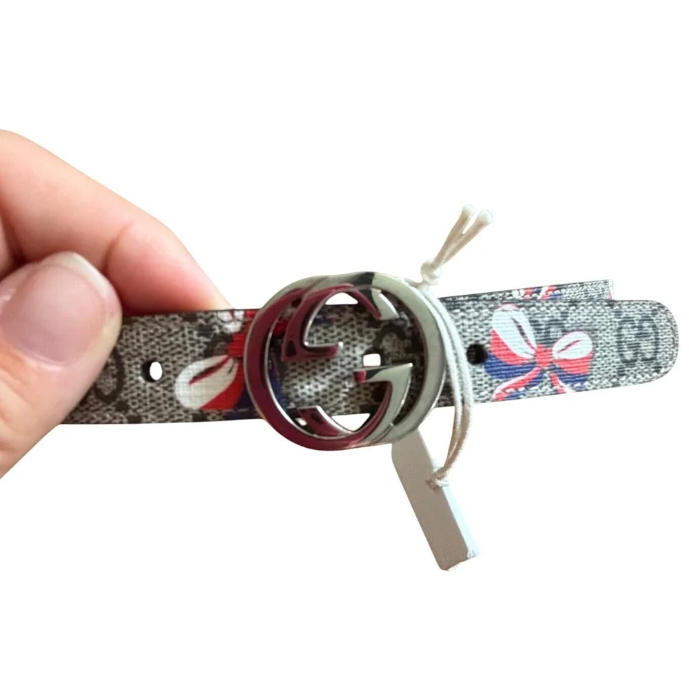 NWT Gucci Girls GG Supreme Bow Print Belt Silver Interlocking G Buckle Small
